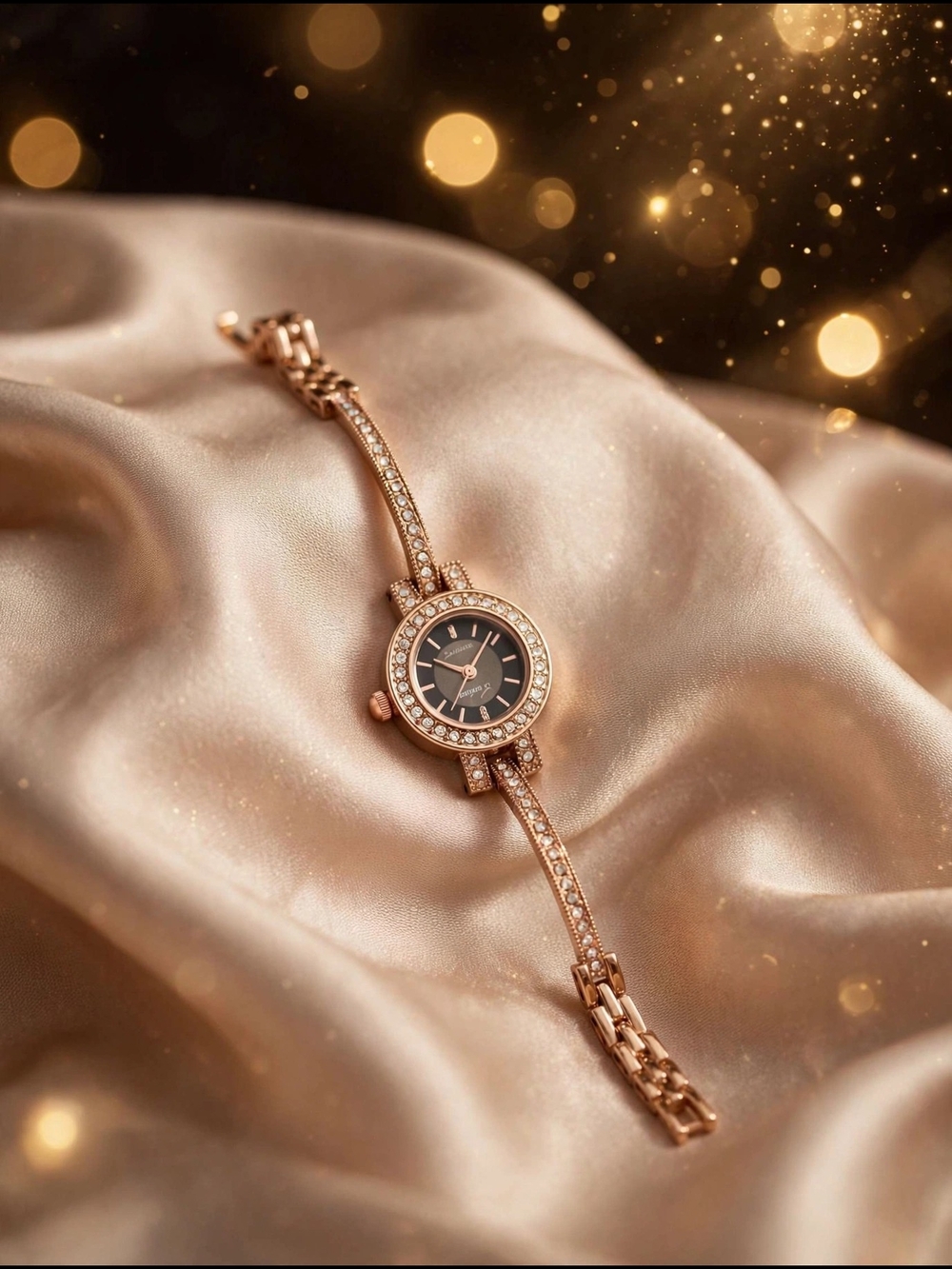Women's Rose Gold Crystal Bracelet Watch with Black Dial
